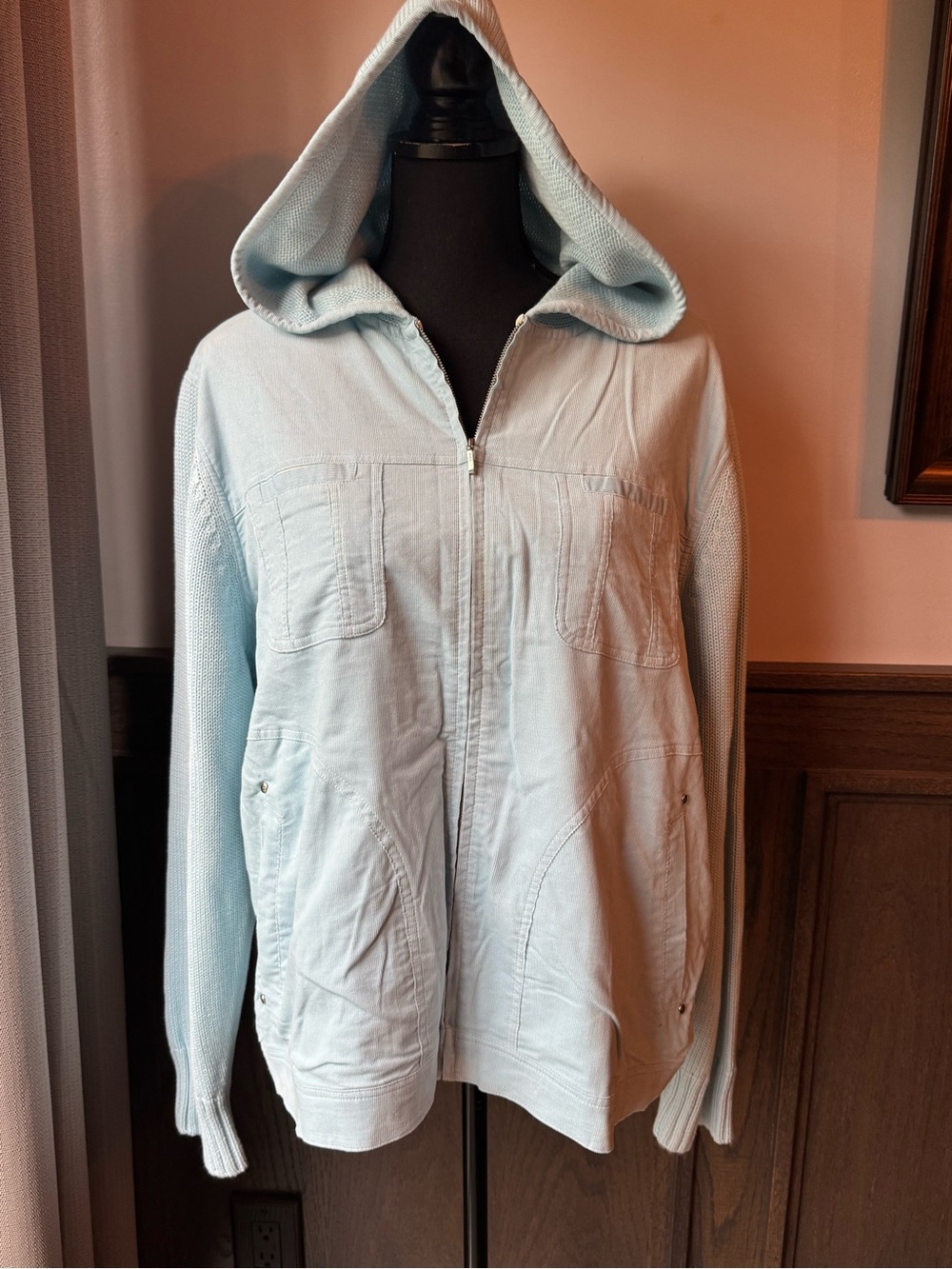 Denim & Co Light Blue Women's Hooded corduroy sweater Zip Jacket XL NWT